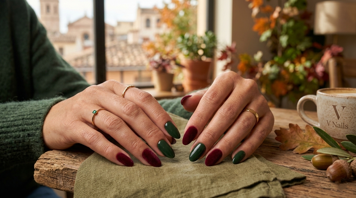 Uñas otoño invierno 2026 borgoña verde caza terciopelo paleta colores Valencia