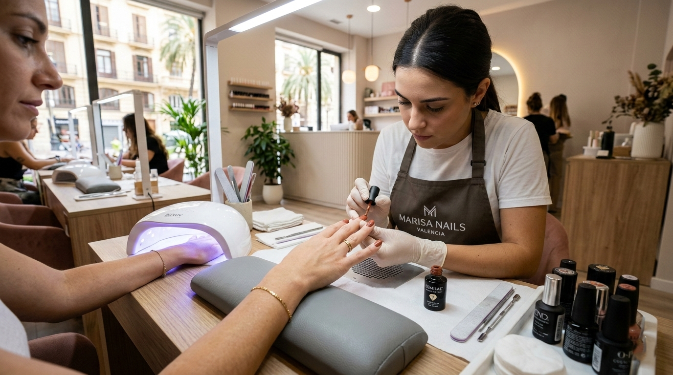 Gel polish y esmalte semipermanente aplicación con lámpara LED en salón de manicura Valencia