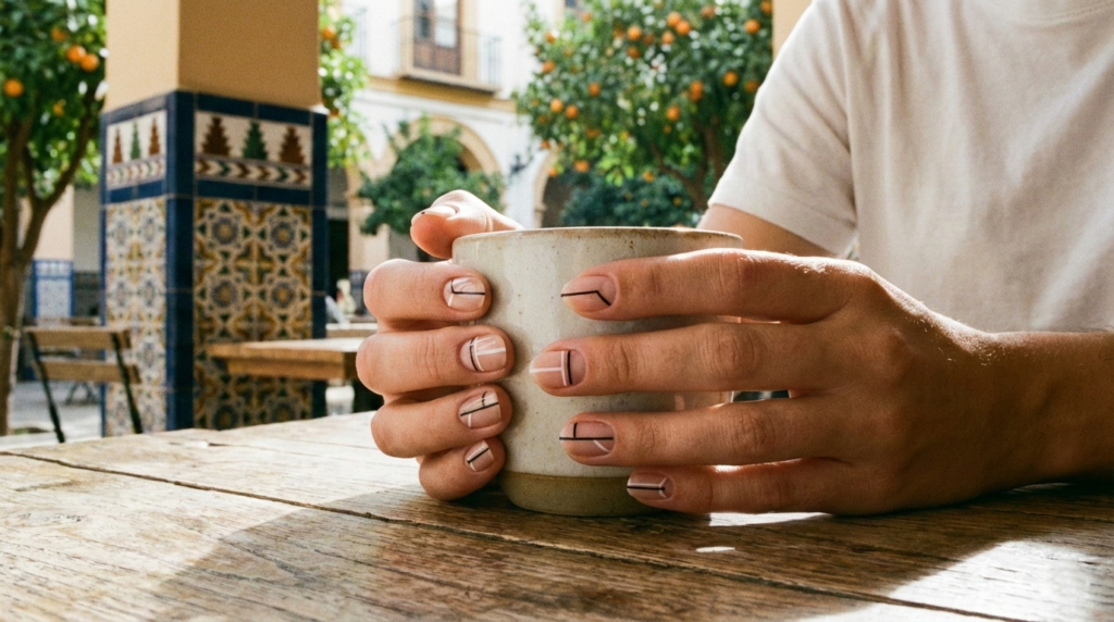 Nail art geométrico minimalista en Valencia con líneas finas y negative space
