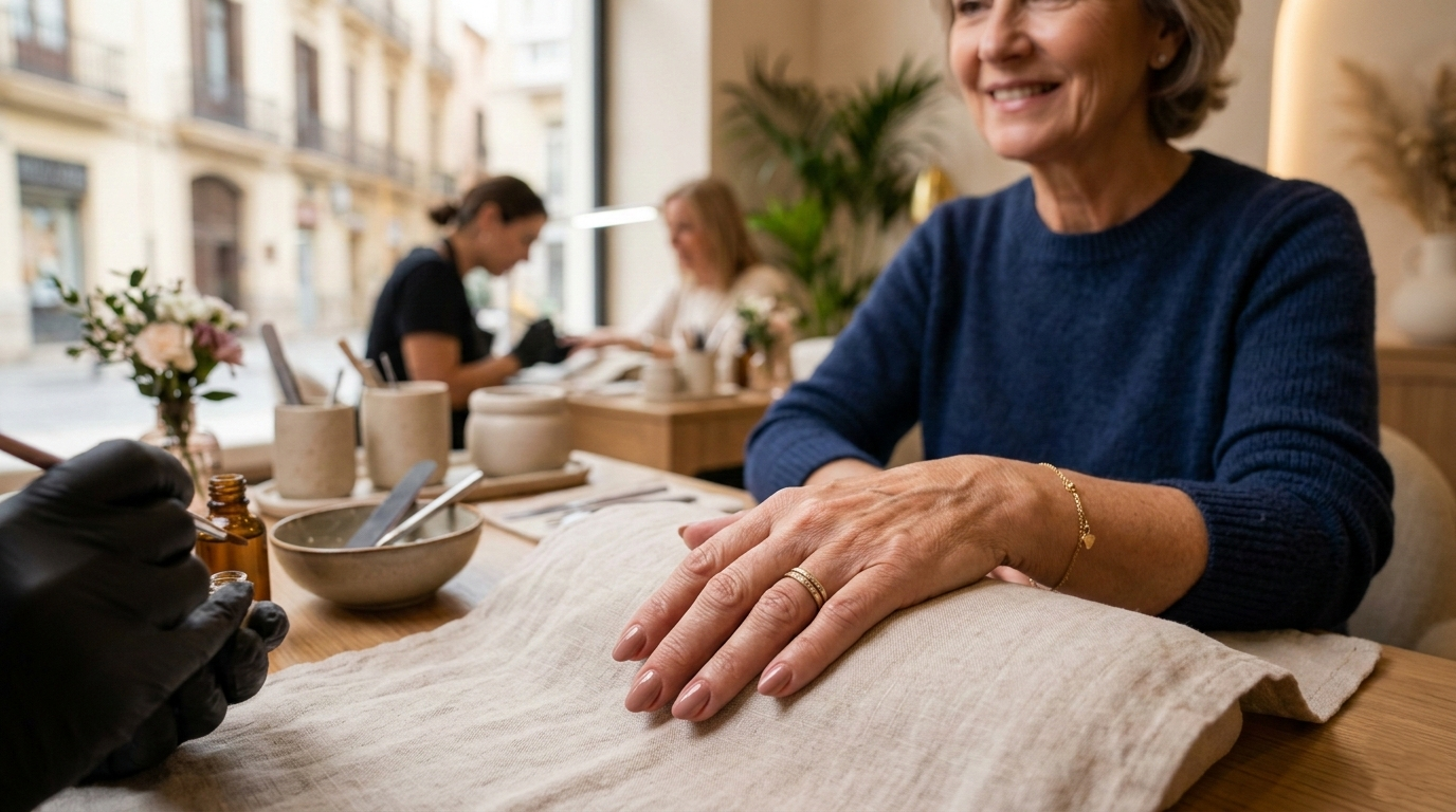 Manicura para pieles maduras después de los 50 — manos cuidadas con elegancia en salón de Valencia
